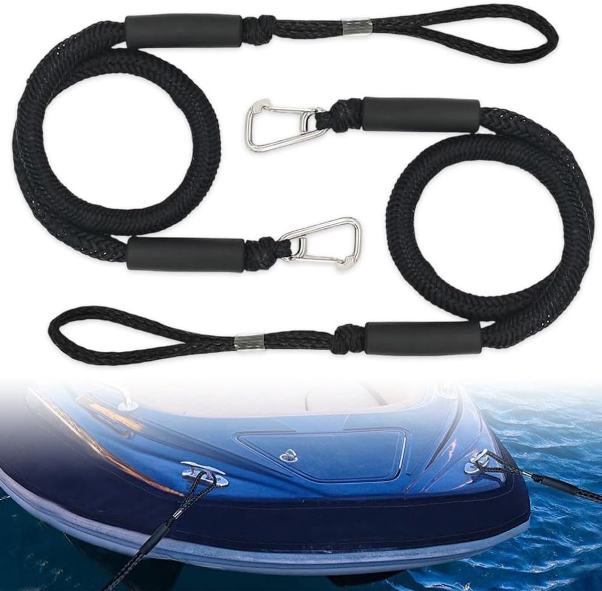 Dock Line, aanmeertouw met haken, aanmeertouw voor boten dock, bungee dock lijn met karabijnclip voor boten, kajak, jetski, pontoon, kano (zwart)