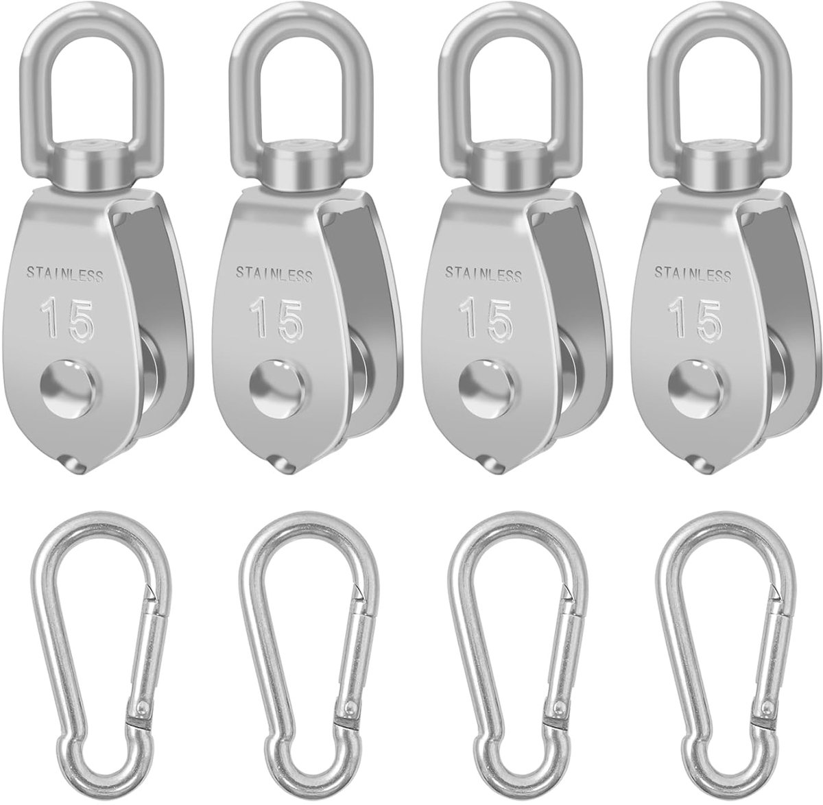 4 stuks M15 riemschijf van 304 roestvrij staal met 4 stuks M4 karabijnhaken, enkele rol voor draadkabels tot 6 mm diameter, draagvermogen 35 kg