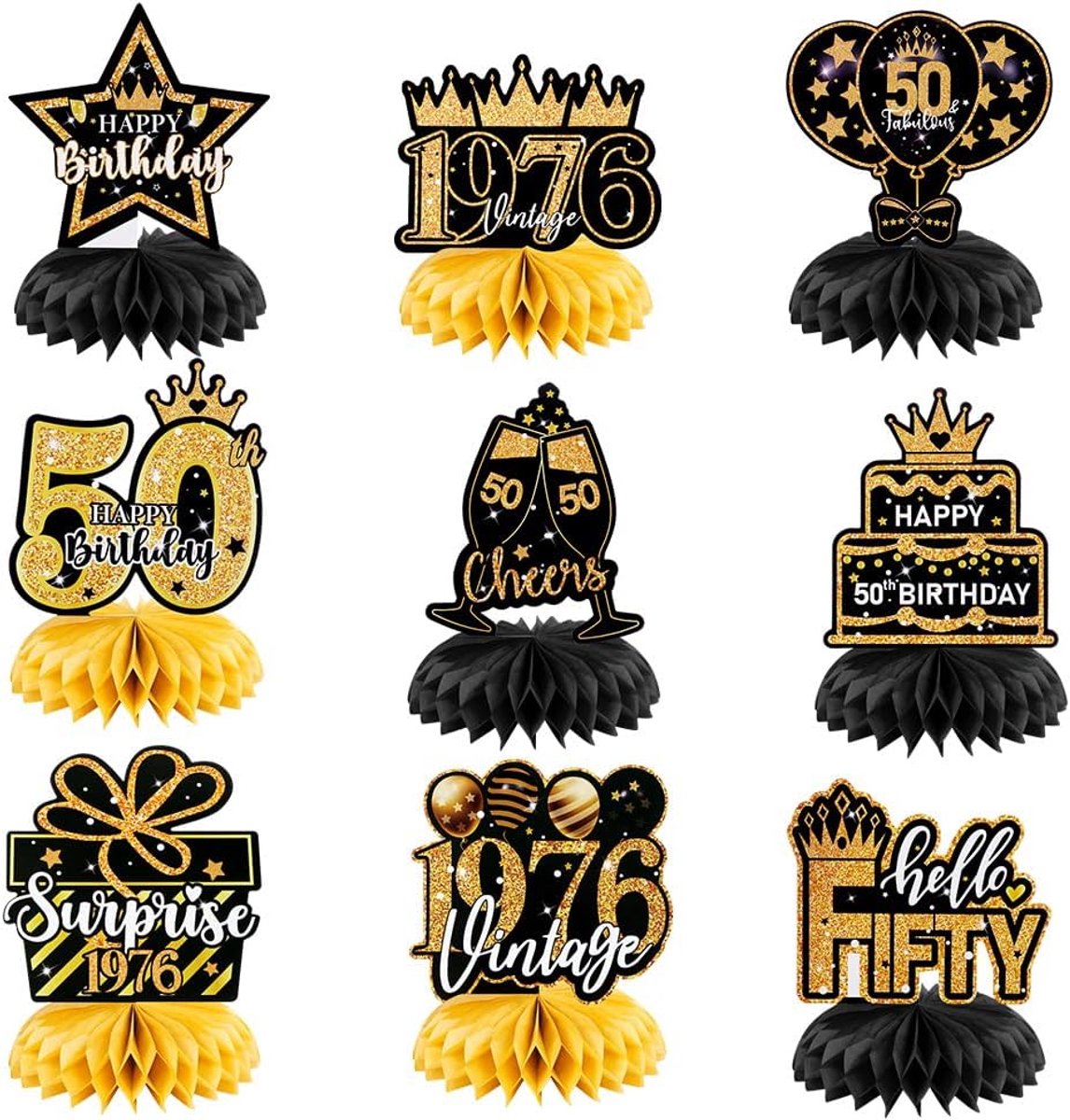 Tafeldecoratie 50e Verjaardag, 9-delige Honingraat Decoratie Tafelmiddenstuk Set, Happy Birthday Decoratie voor 50-jarige Mannen en Vrouwen, Gouden Tafeldecoratie