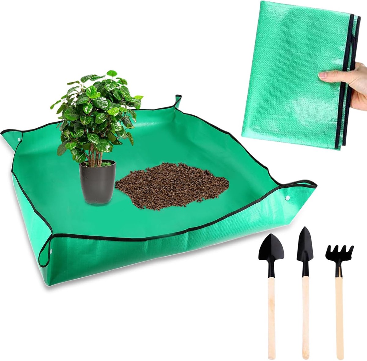 100 x 100 cm, opvouwbare plantenmat, ompotten met 3 tuingereedschap, plantenaccessoires, draagbare tuinmat voor tuinbouwbeplanting, verplanten, snoeien, verpotten, groen