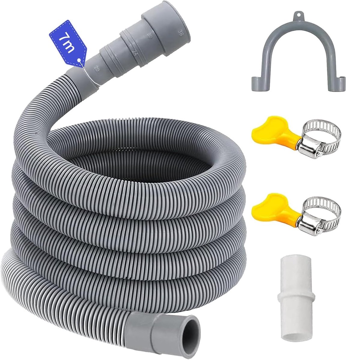 Afvoerslang voor wasmachine 0,5/1/1,5/2/2,5/3/4/5/6/7M, geschikt voor 4 aansluitingsmaten, wasmachine slang afvoerslang verlengstuk waterleiding zinken (7 M)