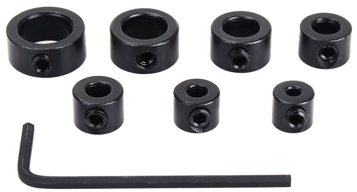 Set van 8 diepteaanslagklemmen, diepteaanslagringen van koolstofstaal, boordiepteaanslag met zeskantsleutel, positionering voor houtbewerking, 3-12 mm