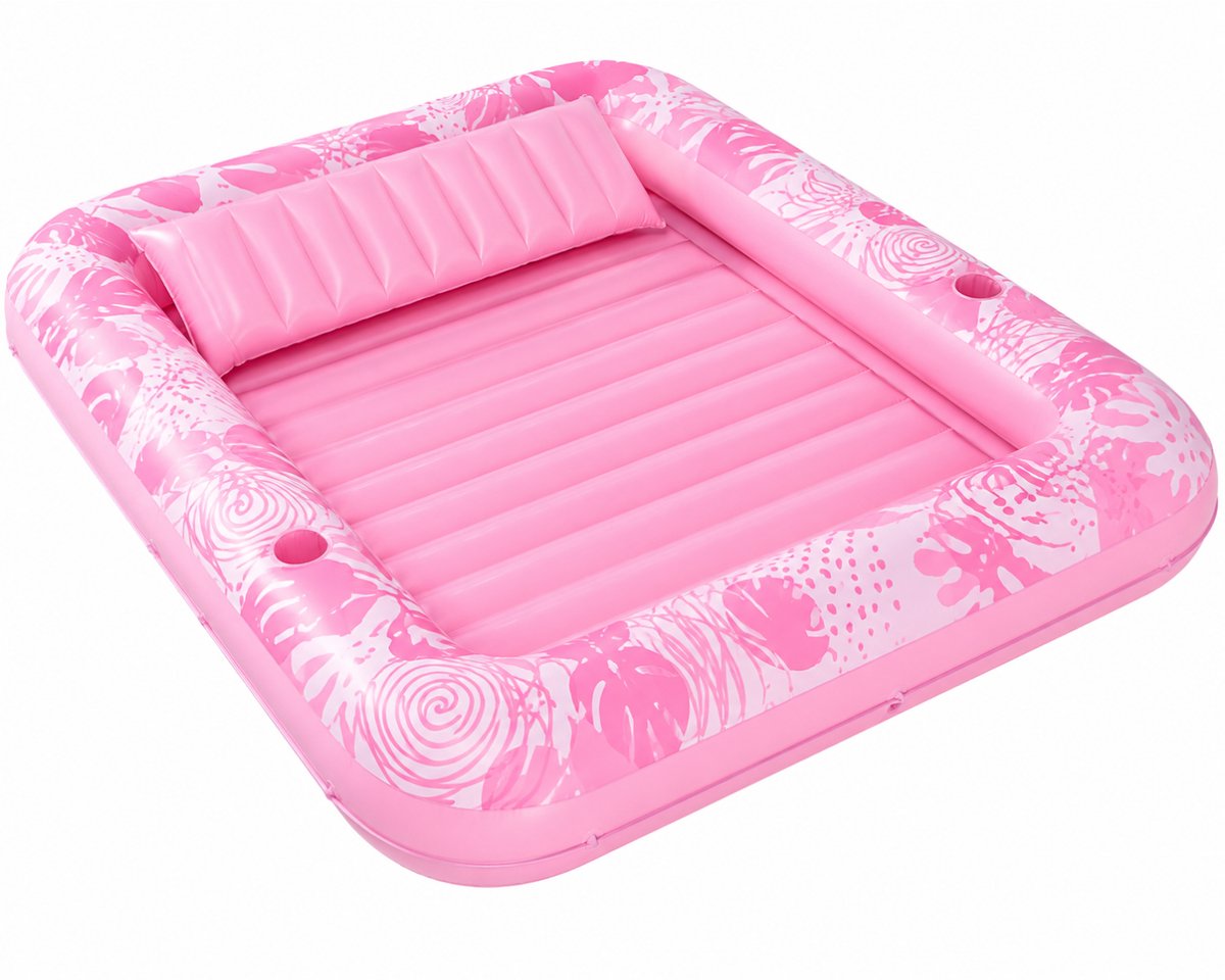 Noventra - Luchtbed - Opblaasbaar Luchtbed - Water Lounger - Groot Opblaasbaar Luchtbed met Hoofdkussen & 2 Bekerhouders - Roze - 216 x 145 cm