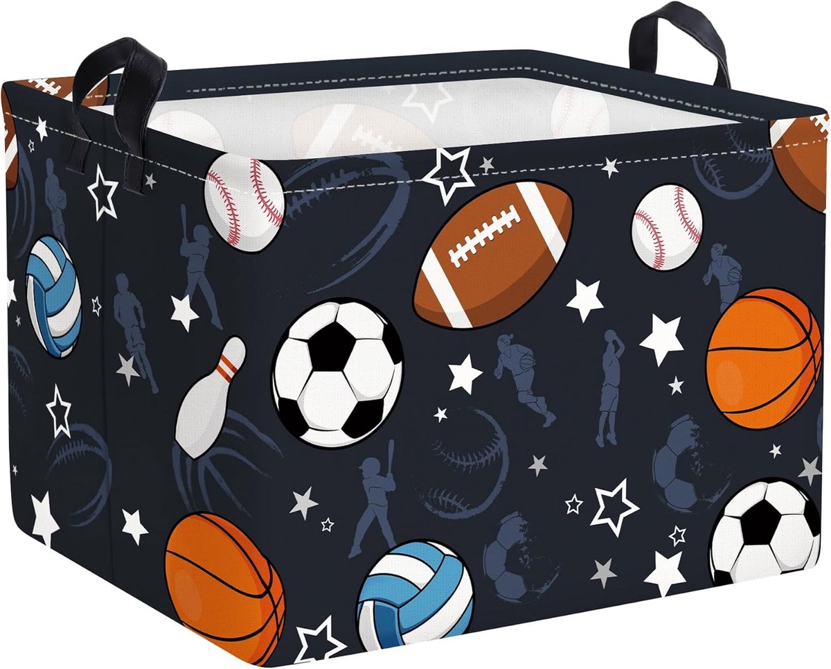 Blauwe Sport Plank Mand voor Jongens Voetbal Basketbal Honkbal Mand Rechthoek Kleding Boeken Speelgoed Opslag Kubus, 36L | Opvouwbaar, waterdicht, draagvermogen 25 kg, voor kinderkamer, badkamer, slaapkamer, voor boeken, speelgoed, kleding