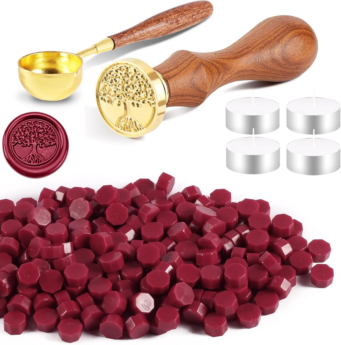 200 zegelwas met waszegelstempel, 4 kaarsen en 1 smeltlepel, zegelwaxparels, zegelwax set voor enveloppen/uitnodigingen/kaarten/retro waszegel - levensboom, rood, Lebensbaum