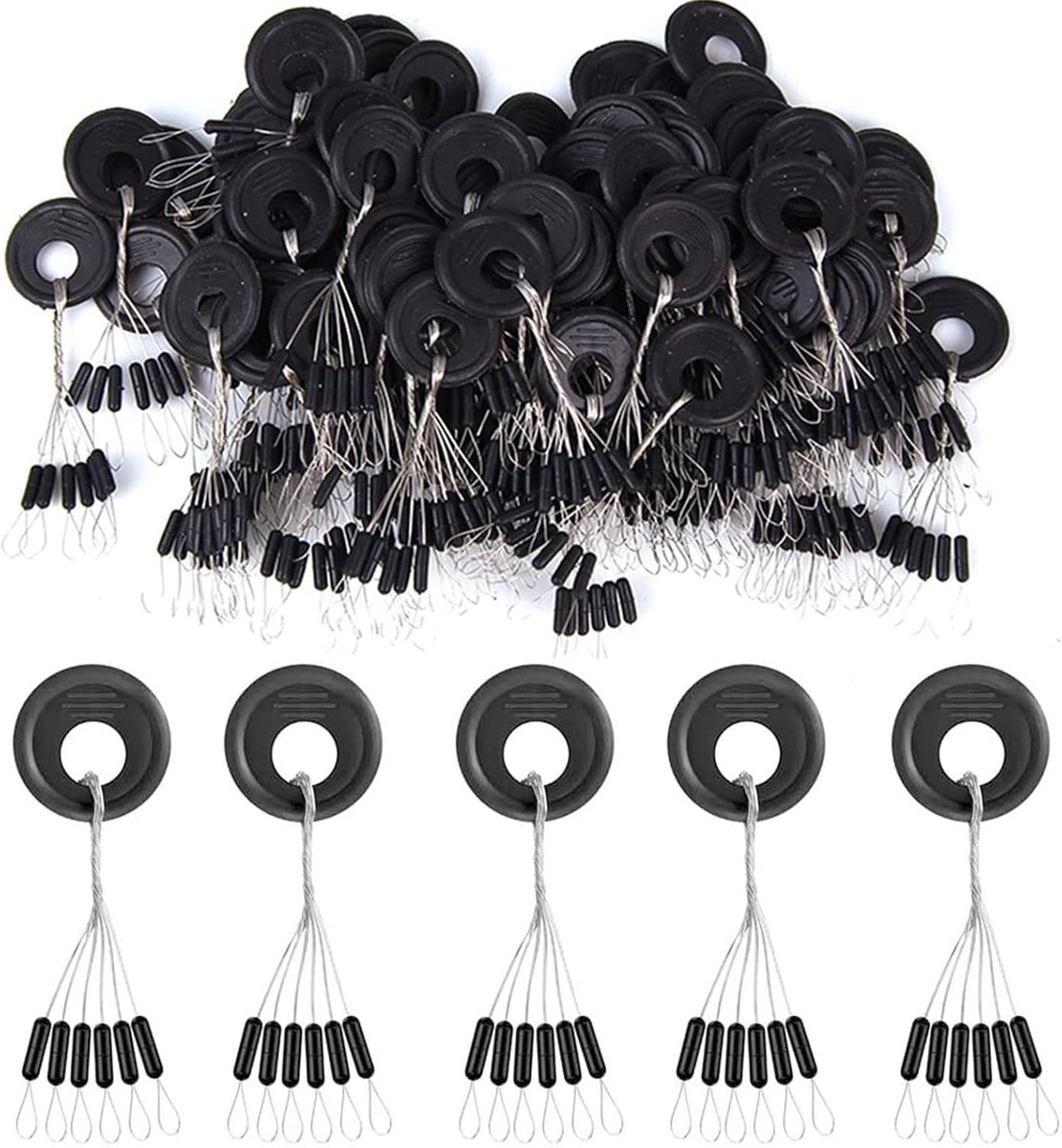 Bobber Stopper, 300 Stks/50 Groepen Rubber Vissen Bobber Kralen Stopper 6 in 1 Float Sinker Stopt Vissen Space Bonen, Zwarte Cilinder