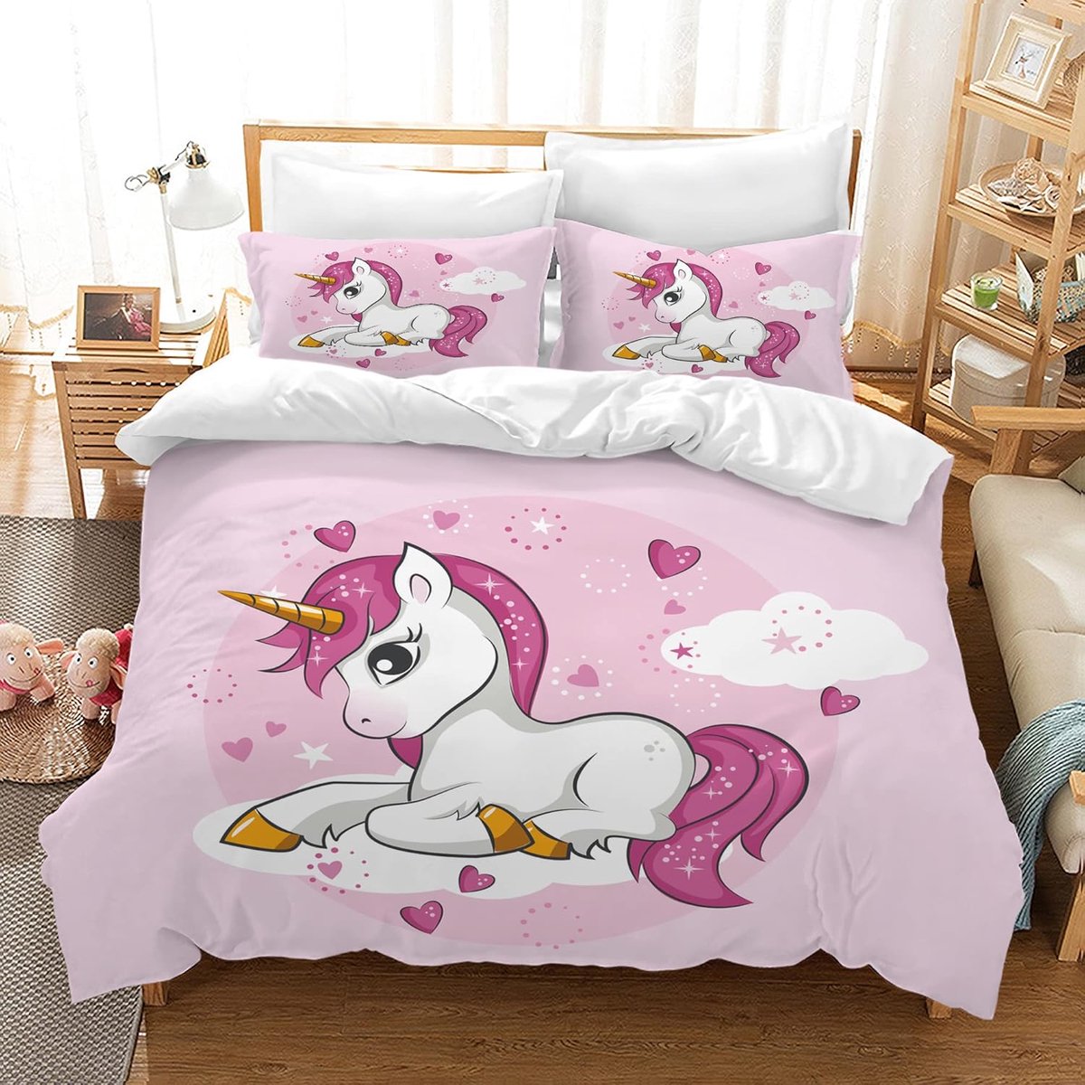 beddengoedset voor kinderen, microvezel, beddengoed, cartoon, 3D-bedrukt dekbedovertrek, 3-delig met ritssluiting, zacht meisjesbeddengoed (200 x 200 cm, B)