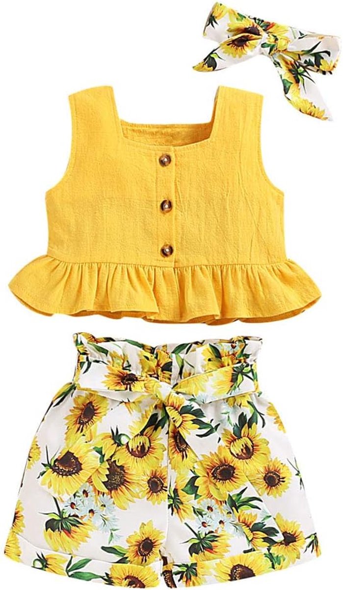 3-Delige Kinderkledingset Voor Meisjes Helder Geel Zonnebloem Baby-outfits Hemdjes + Short Broek + Hoofdband