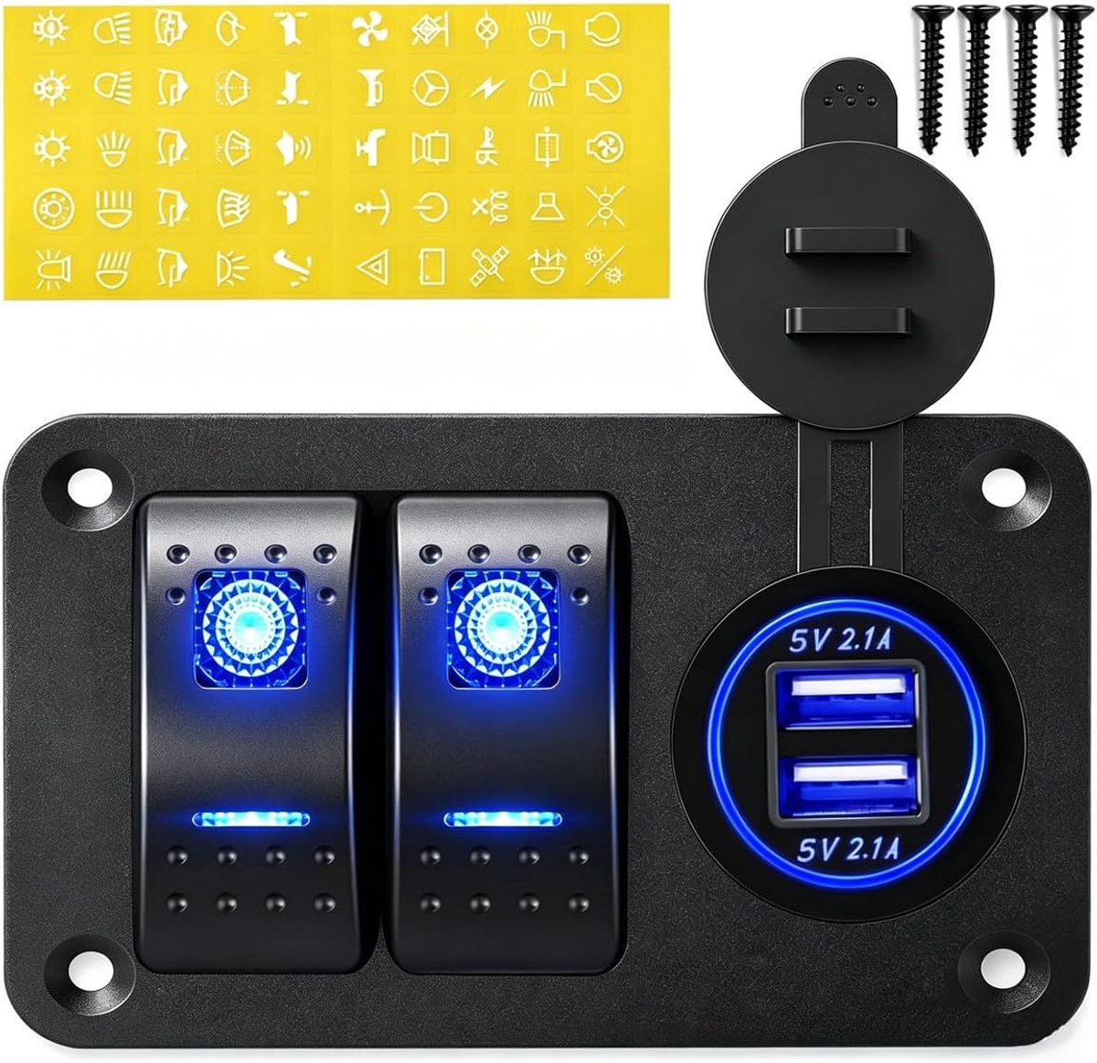 2-voudig Tuimelschakelaarpaneel met Dubbele USB-oplader 12V 24V Tuimelschakelaar LED-lichtbalkschakelaar Achterlichtschakelaar Rock Lights-schakelaar voor auto's Rvs Trucks