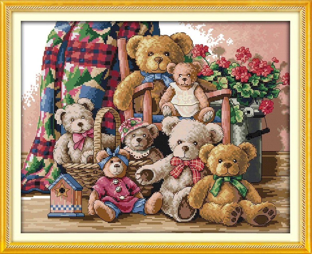 14CT Doe-het-zelf kruissteekborduurset: compleet assortiment voorgedrukte startersets voor beginners - De familie Bear (2) 46 x 37 cm