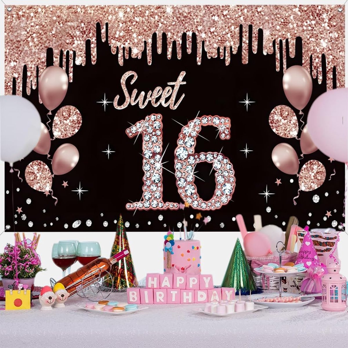 16e Verjaardagsdecoratie voor Meisjes, Feestdecoratie Zwart en Roségoud, 16e Verjaardag Stoffen Bord Hangposter, 16e Verjaardag Achtergrond Banner Party Welkomstbord