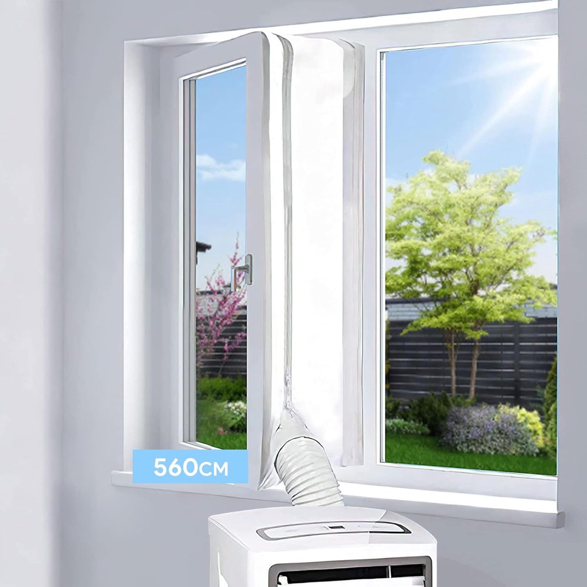 560 cm raamafdichting voor mobiele airconditioner en wasdroger, EGNBU universele raamkit voor airconditionereenheid, luchtuitwisselingsbeschermers met ritssluiting en haaktape, eenvoudig te