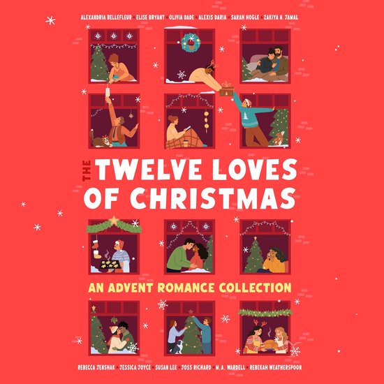 Boekomslag met 12 feestelijke scènes in rode ramen, met de titel 'The Twelve Loves of Christmas'.