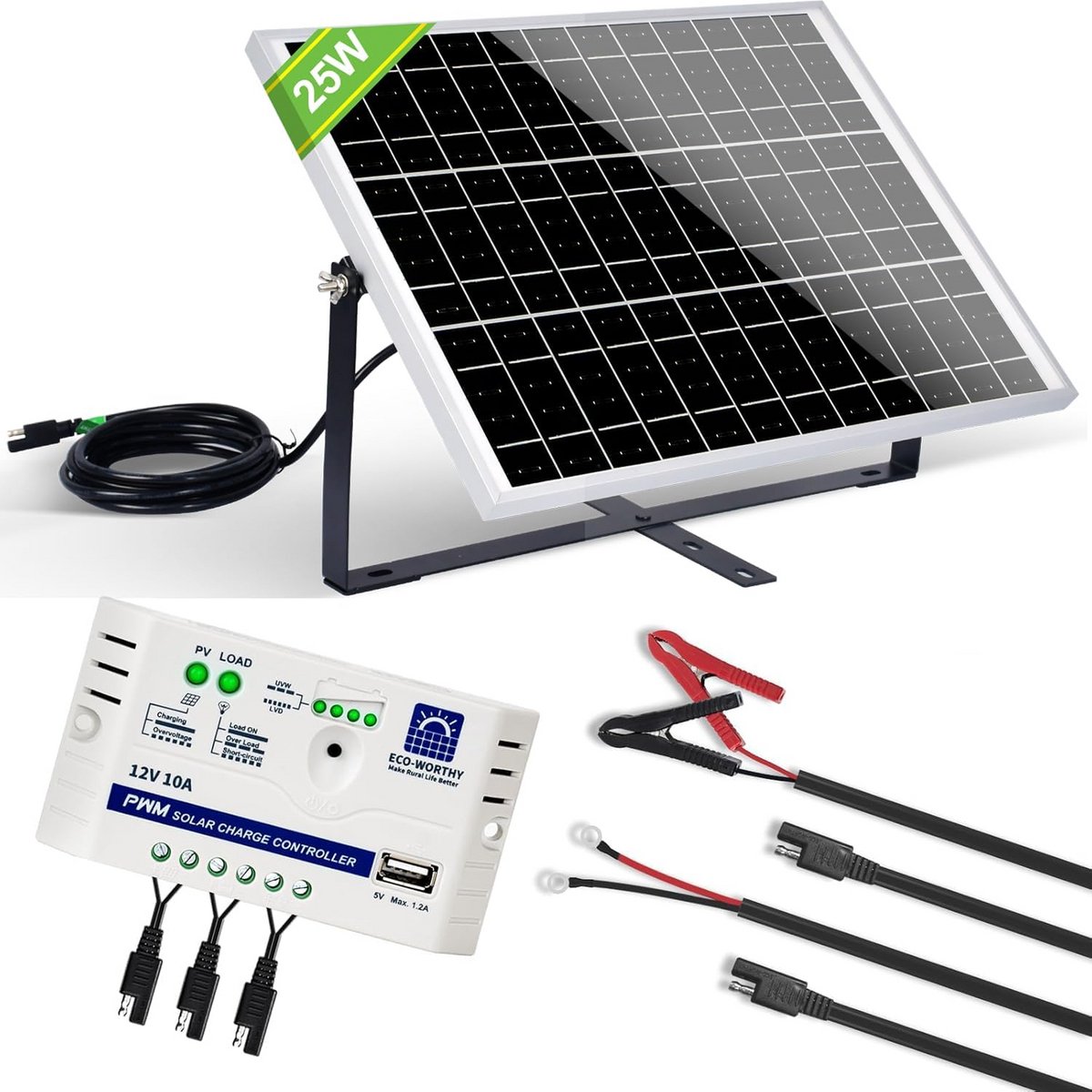 ECO-WORTHY 25W 12V monokristallijn zonnepaneel-kit: 25W zonnepaneel + verstelbare houder + SAE-aansluitkabel + 10A laderegler voor auto, RV, marine boot