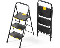 KINGRACK Trapladder 3-traps Ladder Huishoudtrap 3 Treden Vouwladder met Veilige Vergrendeling Brede Antislip Pedalen Leuningen, Passeer 400kg Test, Opstapkruk Huishoudtrap voor keuken, Thuis, Zwart