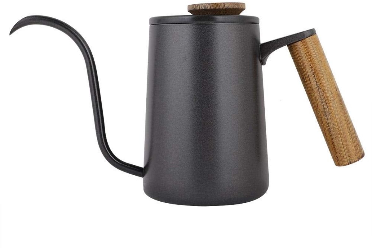 Dailygoods- Koffiepot 600 ml - Roestvrij Staal - Lange Zwanenhals - Houten Handvat - Brandbestendig - Ventilatiegaten voor Thermometer - Waterkoker