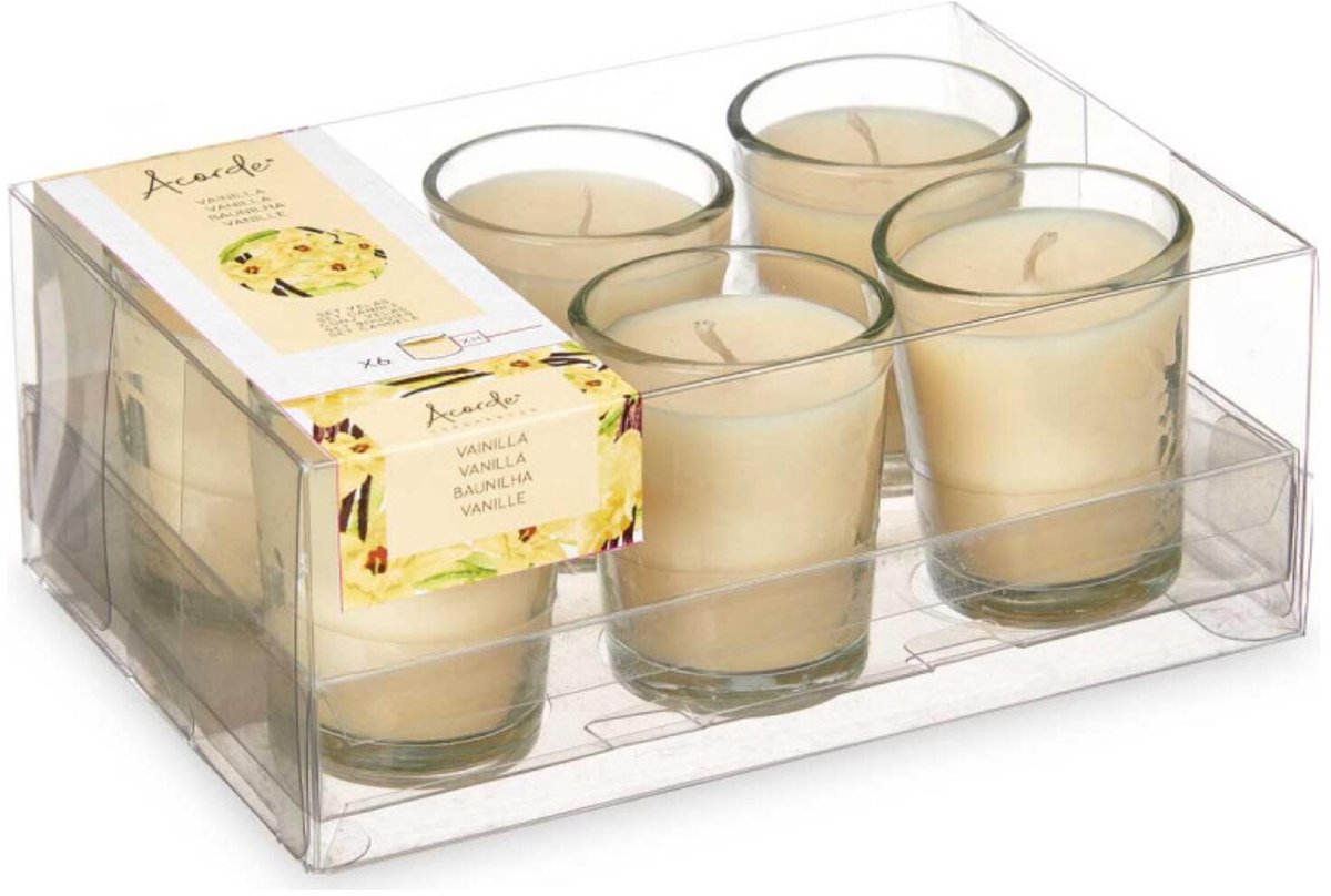 Arte regal geurkaarsen - 6x - vanille geur - licht geel - 8 branduren - in glas - aroma kaars
