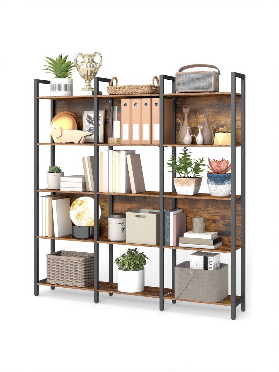 Vasagle Boekenkast - Met 5 Open Planken - Stabiel Stalen Frame - Industrieel Design Vintagebruin-Zwart