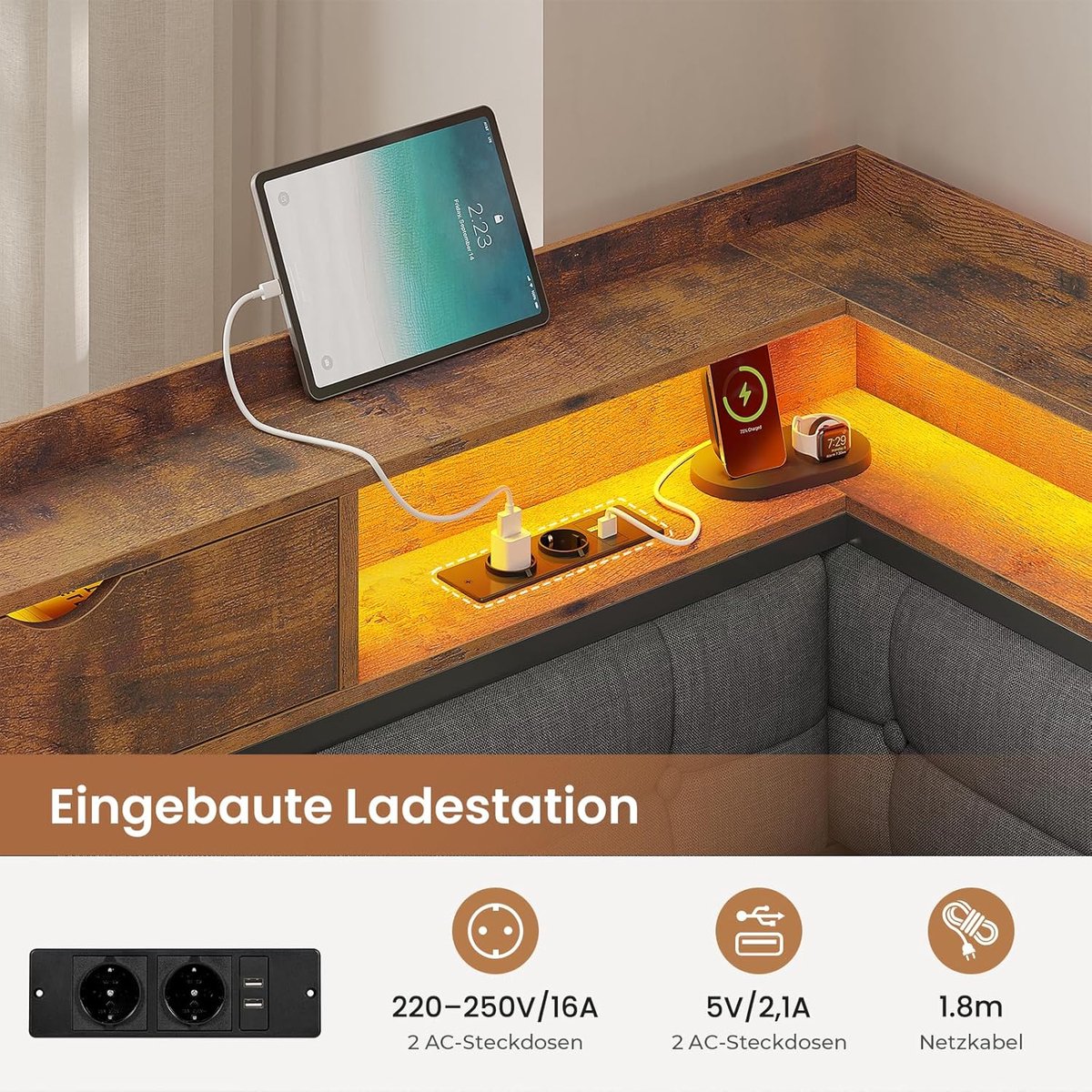 Luxe LED Slaapbank Bed met Opbergruimte, Stopcontacten en USB – Gestoffeerd Bed 140x200 cm met Metalen Lattenbodem, Hoofdbord met Planken en RGB Verlichting – 2.16 x 1.53 x 0.93 m – Mobili Bella