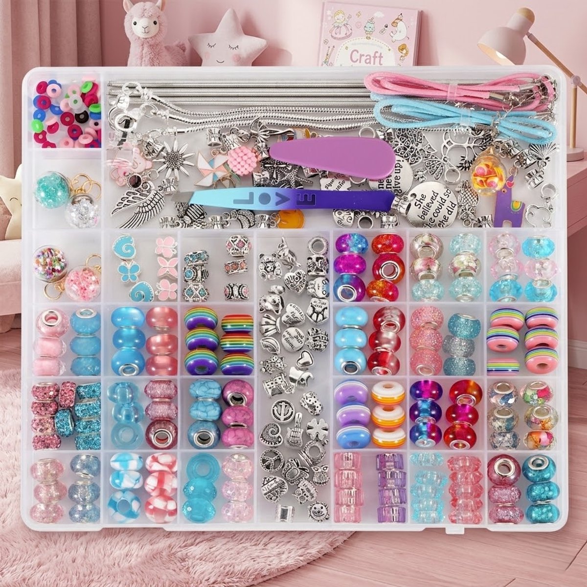 Sieradenset Meisje met sieradendoosje(230+PCS） -DIY sieradendoos -Kettingen armbanden zelf maken - sieraden DIY knutselset voor kinderen - bedelarmbandkit doe-het-zelf kindersieraden, knutselen, kinderspeelgoed(5-10 jaar)-Roze — cadeau in Spellen & Speelgoed - foto 8