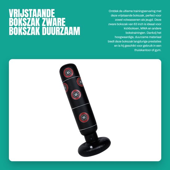 Opblaasbare bokszak in zwart met genummerde doelwitten. Tekst: Vrijstaande bokszak, zware bokszak, duurzaam.