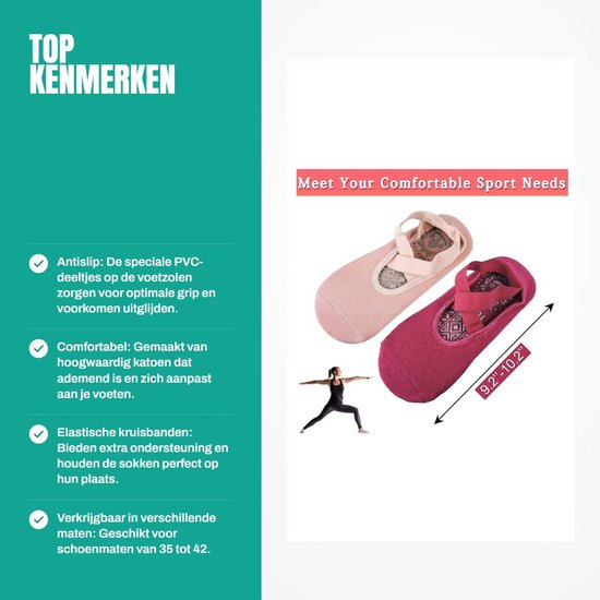 Dailygoods- Yogasokken 2 Paar Antislip - Sportsokken Dames - Elastische Kruisbanden - Ademend Katoen - Maat 35-42 - Schokabsorberend van Dailygoods — afbeelding 2