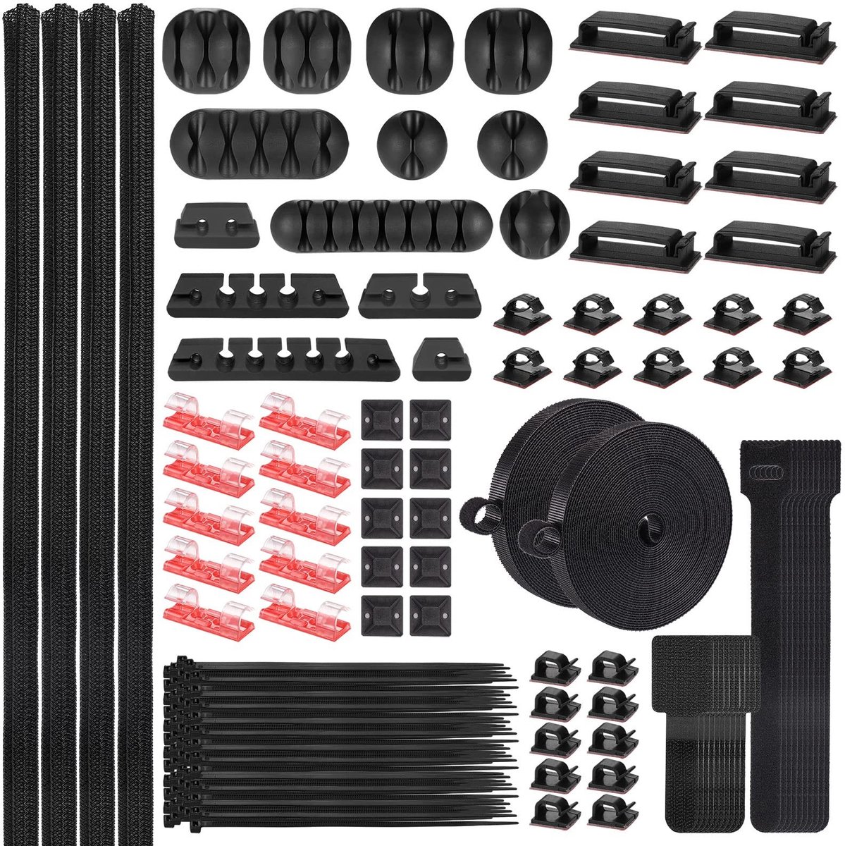 Dailygoods- Kabelmanagementset 188-delig - Kabelhulzen/zelfklevende kabelclips - Kabelbinders/wandkabelbinders - Snelkabelbinders - Organiseren/bureau - Inclusief 4 kabelhulzen - Kabelorganizer