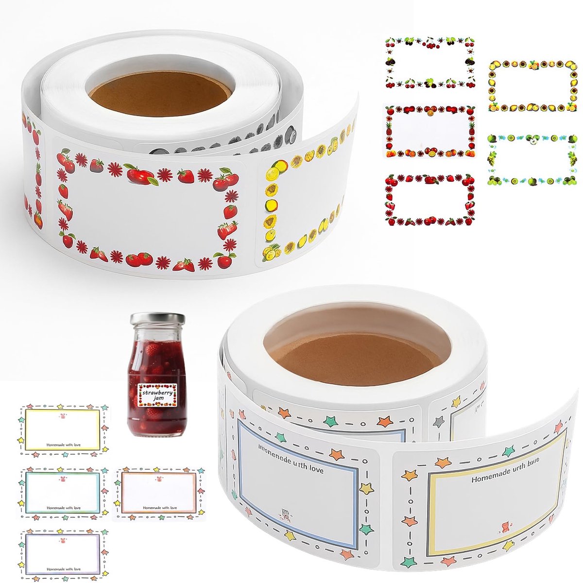 Dailygoods- Fruitetiketten 500 stuks - Zelfklevend - Kleurig fruitpatroon - 2 Rollen - 3,0 x 5,0 cm - Hoogwaardig koperpapier - Etiketten