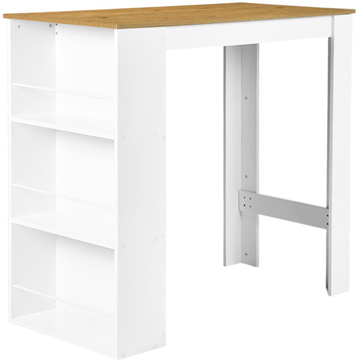 EGGREE Keukeneiland / Bartafel met 3 opbergplanken - Hoge tafel voor eetkamer - woonkamer en keuken - 112 × 57 × 106 cm - Wit + Donker eiken