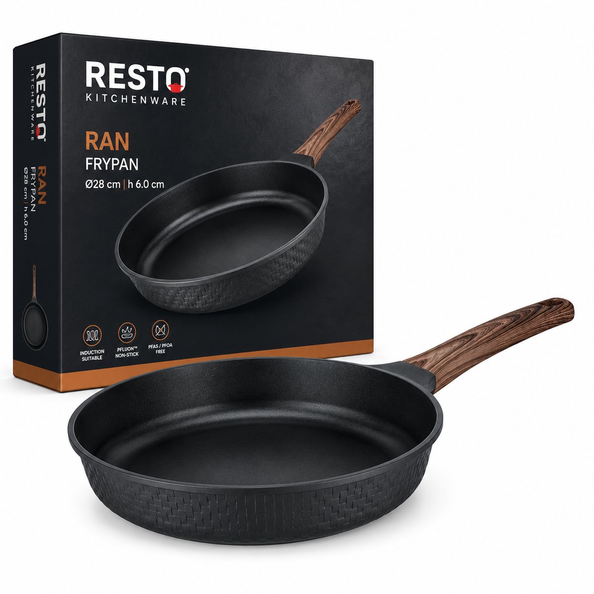 RESTO Ran Koekenpan 28 cm – Inductie Geschikt – Gegoten Aluminium – PFLUON Anti-aanbaklaag – PFAS/PFOA Vrij – Zwarte Frypan