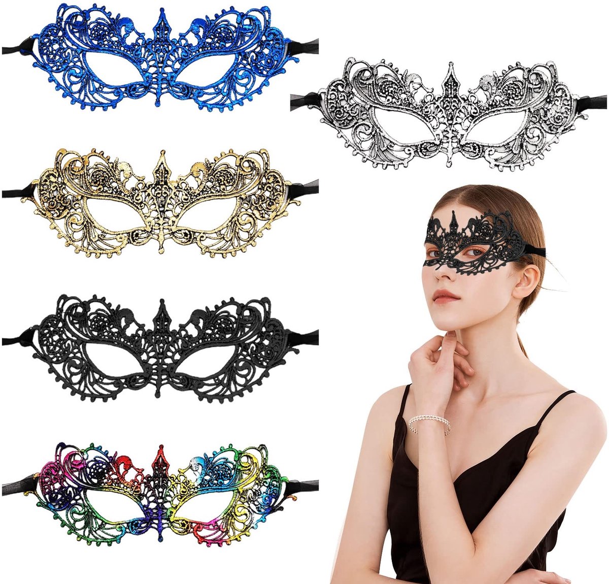 Dailygoods- Balmasker 5 Stuks - Venetiaans Kanten Masker - Feestmasker - Halloween Kostuum - Fancy Carnaval - Oogmasker voor Dames