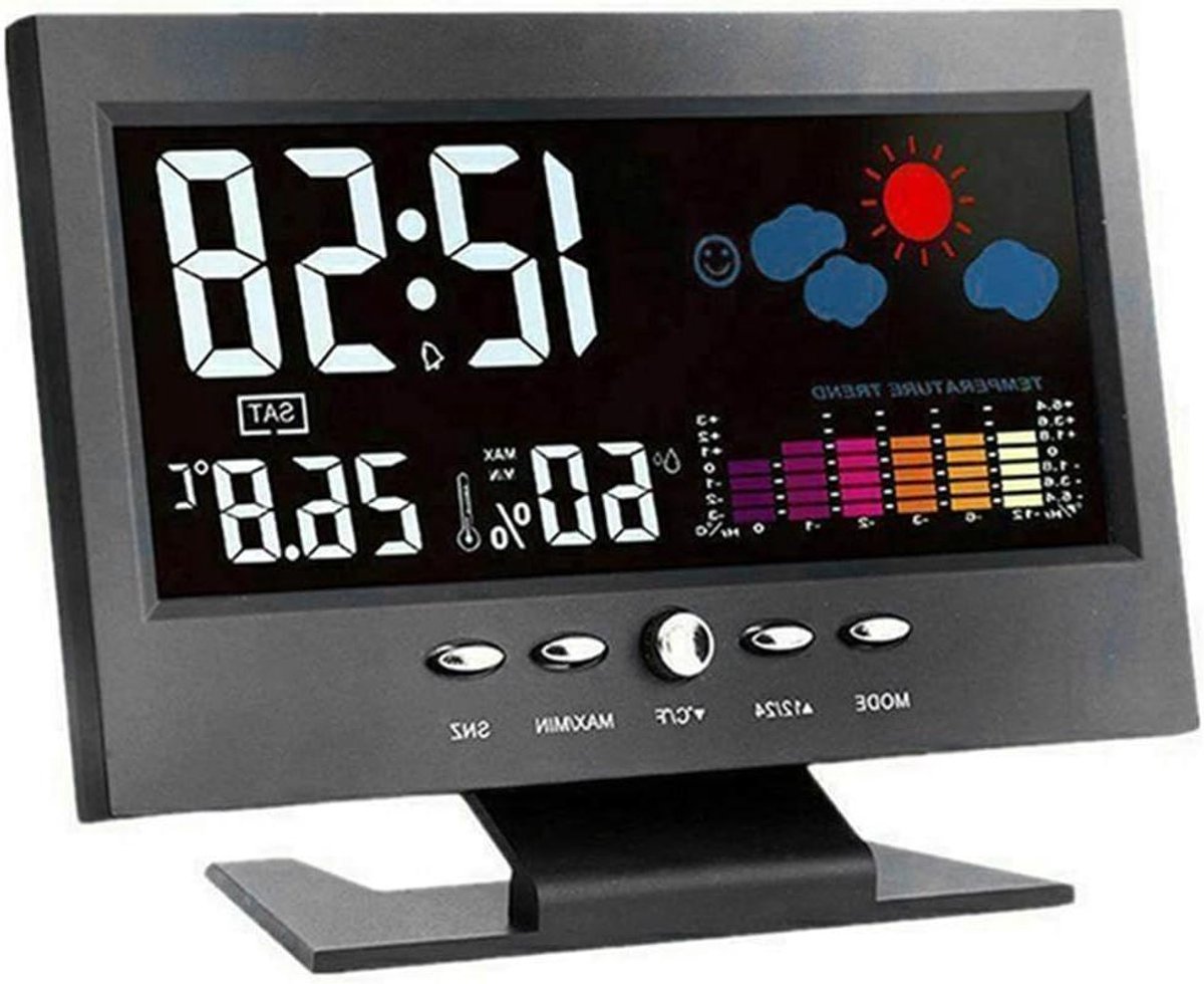 Digitale Weerklok - Temperatuur Vochtigheid Meter - Binnenklimaat Monitoren - Kleurrijk Groot Display - 12 x 3 cm - Zwart