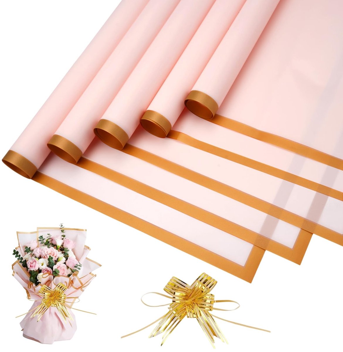 Dailygoods- Inpakpapier Bloemenboeket - 20 Vellen - 58x58 cm - Waterdicht - Scheurvast - Gouden Rand - Inclusief Lint - Cadeaupapier