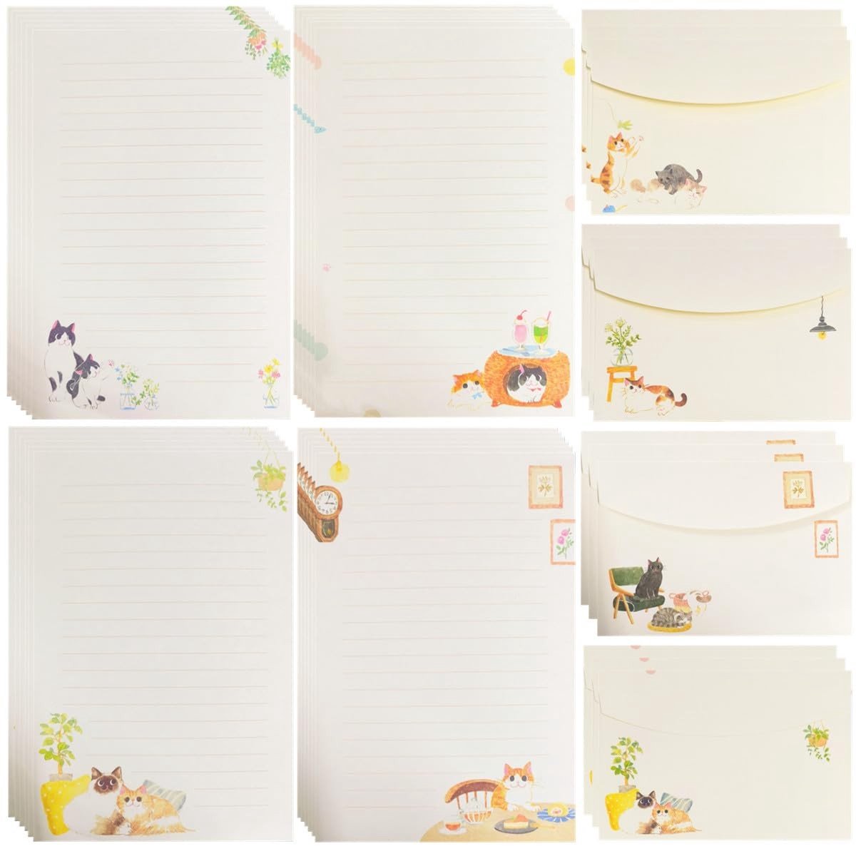 Dailygoods- Briefpapier A5 met Enveloppen - 24 Vellen Schrijfpapier - 12 Enveloppen - Kattenmotieven - Gelinieerd - Scheurvast Papier