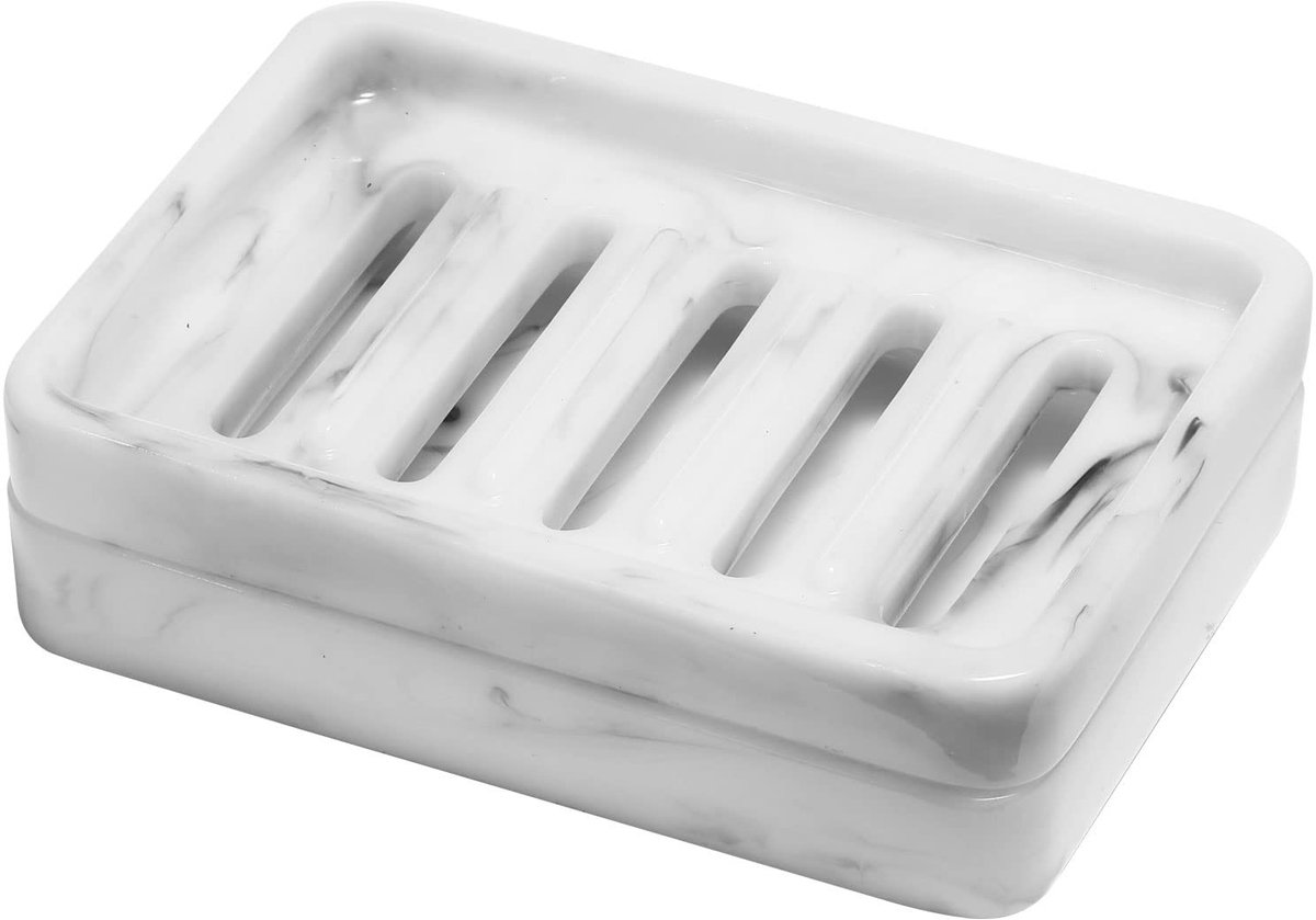 Dailygoods- Zeepbakje Dubbellaags - Afneembaar Afvoerreservoir - Zeepdoos - Zeepdispenser - Marmerwit - Voor Badkamer/Keuken