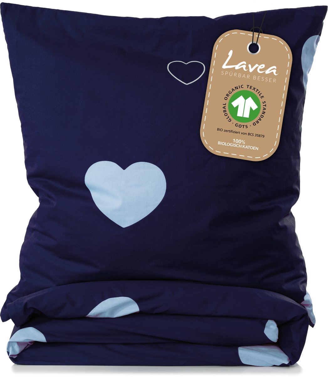 Lavea® Kinderbeddengoed van 100% biologisch katoen – 1 dekbedovertrek 100x135 cm + 1 kussensloop 40x60 cm – Zacht, ademend – Hartjesmotief Blauw & Lichtblauw