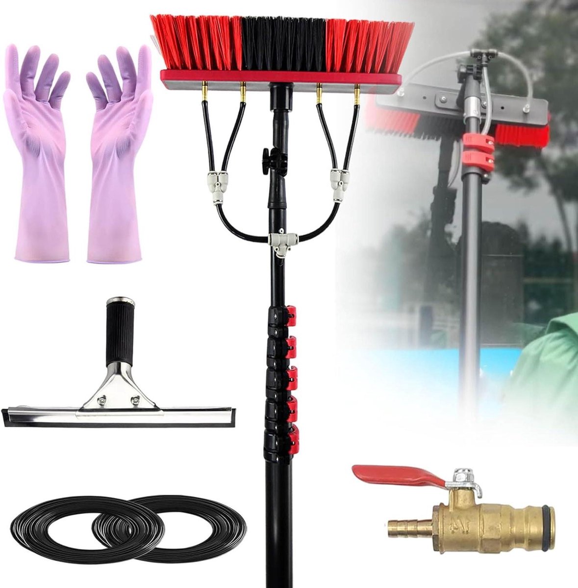 Glazenwasser Set - Raamreiniger Telescoop - Hoge Ramen Wassen - Verstelbare Hoekborstel - 7.2 Meter - Zilver