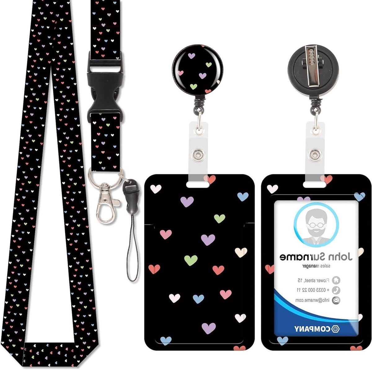 Kaarthouder Lanyard - ID-badge houder - Toegangskaarten tonen - Intrekbare kabel - 10.9 x 9 x 1.9 cm - Liefde patroon