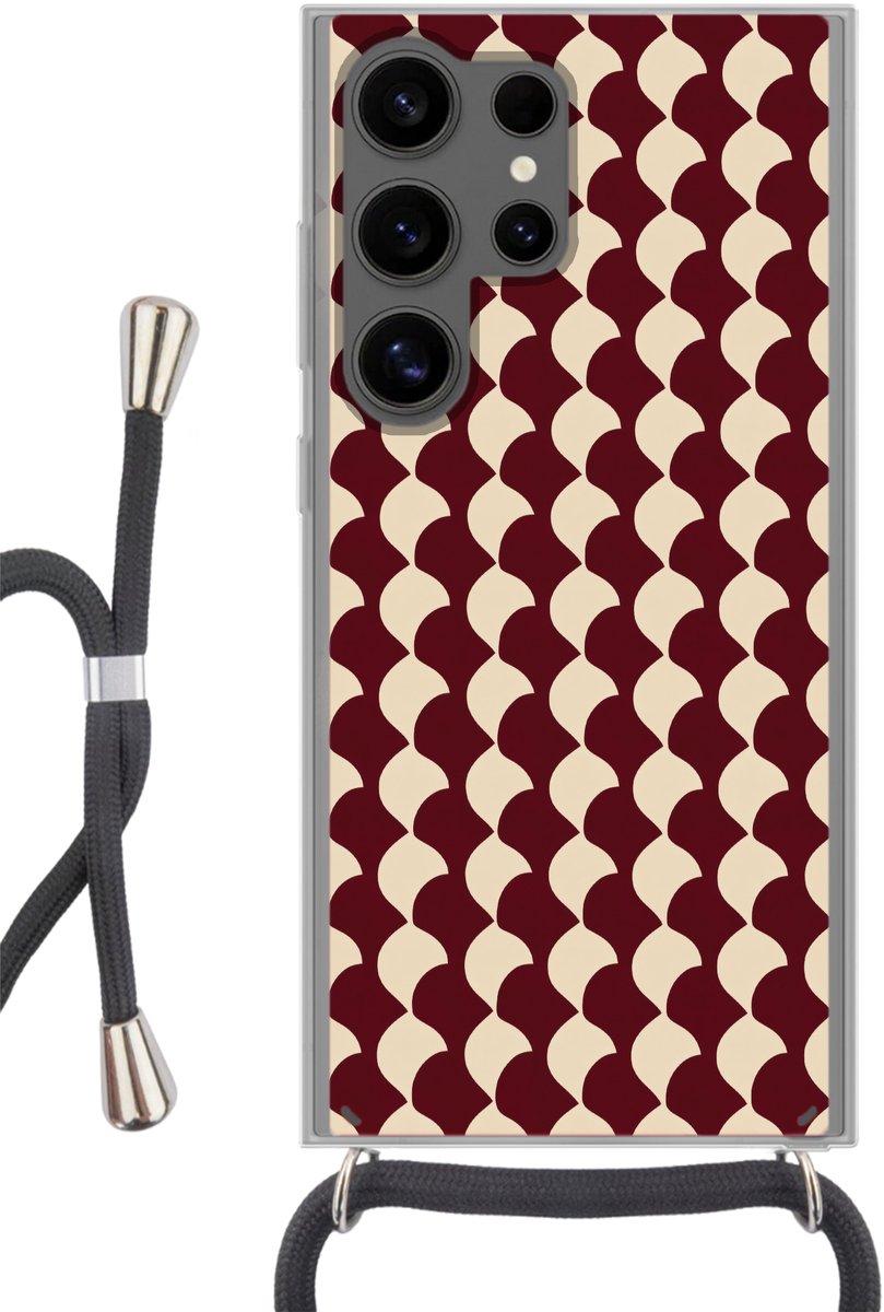 Telefoonhoesje Geschikt voor Samsung Galaxy S24 Ultra - Rood - Tegelpatroon - Crème - Siliconen - Crossbody - Backcover met Koord - Telefoonhoesje met koord - Hoesje met touw Telefoonhoesje