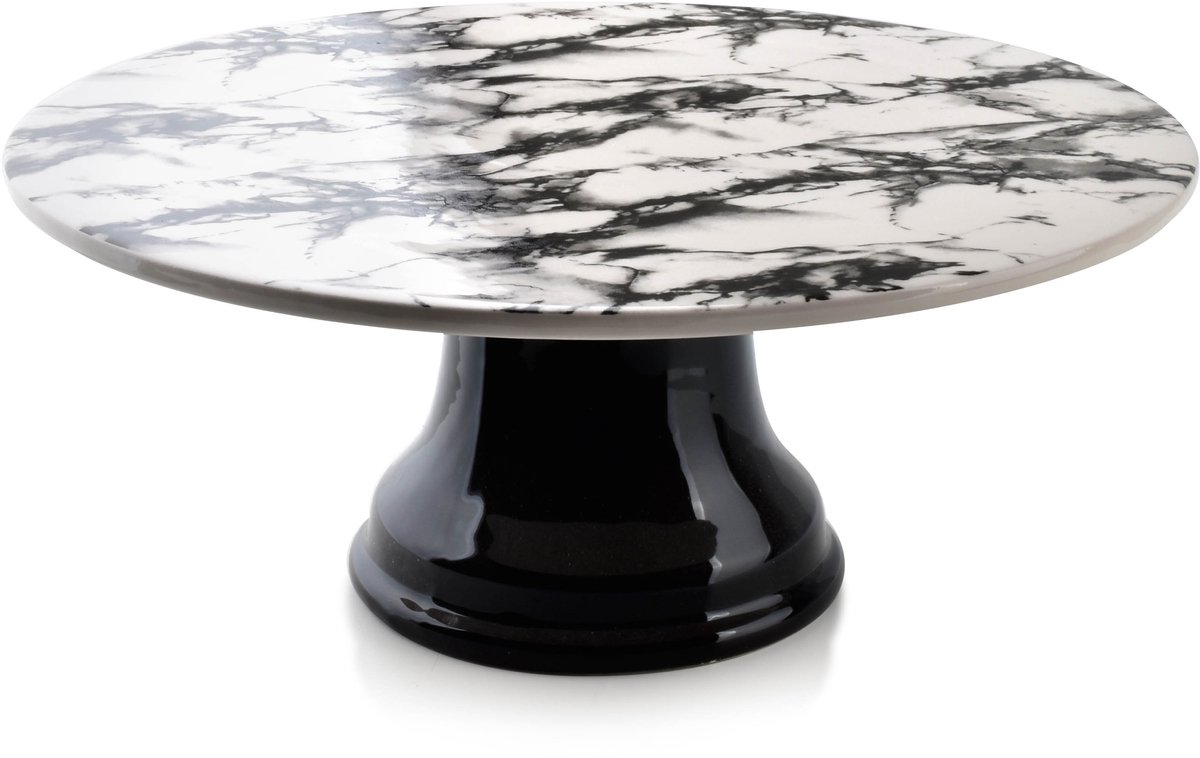 Taartplateau Met Voet - Cake Stand - Etagere - Tafel Decoratie - Display - Marmerlook - Wit - Ø25cm