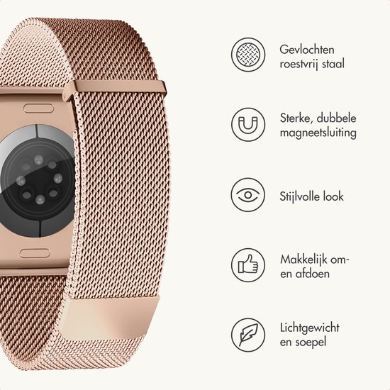 Detail van een rosegouden Milanese bandje met icoontjes en tekst: 'Gevlochten roestvrij staal', 'Sterke, dubbele magneetsluiting', 'Stijlvolle look', 'Makkelijk om- en afdoen', 'Lichtgewicht en soepel'.