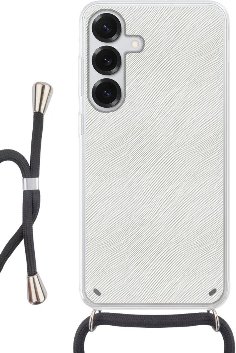 Telefoonhoesje Geschikt voor Samsung Galaxy S25 - Golven - Ribbels - Wit - Siliconen - Crossbody - Backcover met Koord - Telefoonhoesje met koord - Hoesje met touw Telefoonhoesje