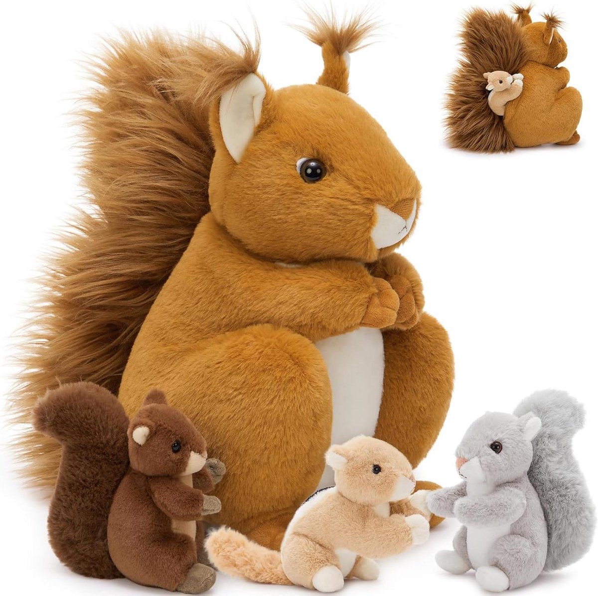Eekhoorns Pluche Speelgoed - Knuffeldieren Set - Fantasierijk Spel - Realistisch Gezicht - 13.7 inches - Donkerbruin