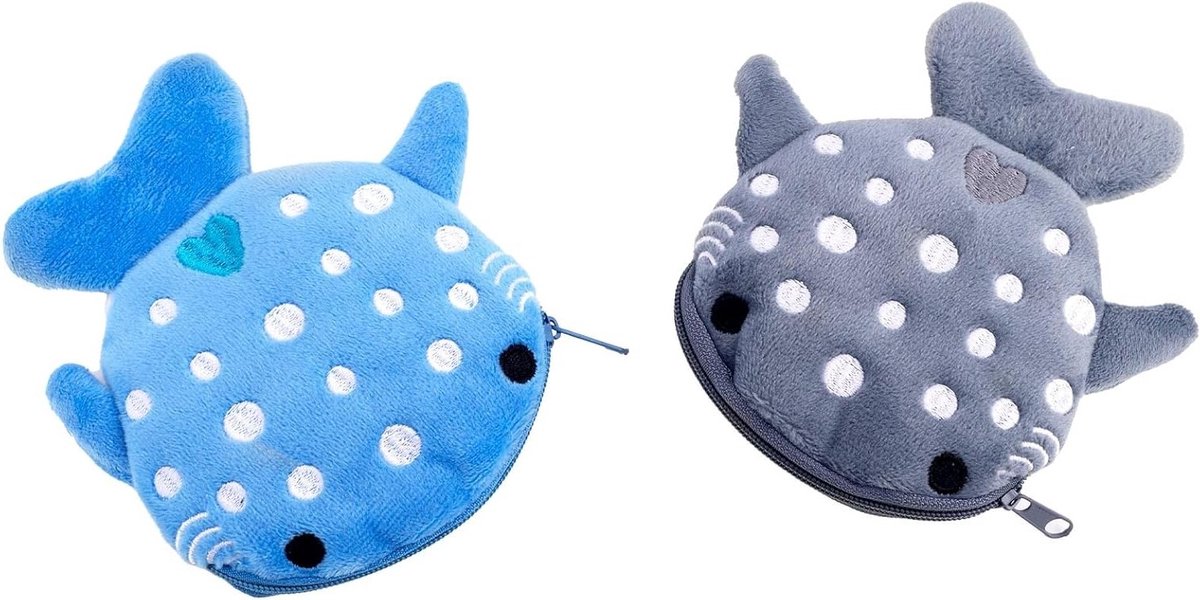 Schattige 2-delige Walvishaai Muntentas met Rits, Ideaal voor Vrouwen en Kinderen, Perfect voor Munten, Cosmetica en Oordopjes, Blauw en Grijs, Zacht en Comfortabel in Gebruik