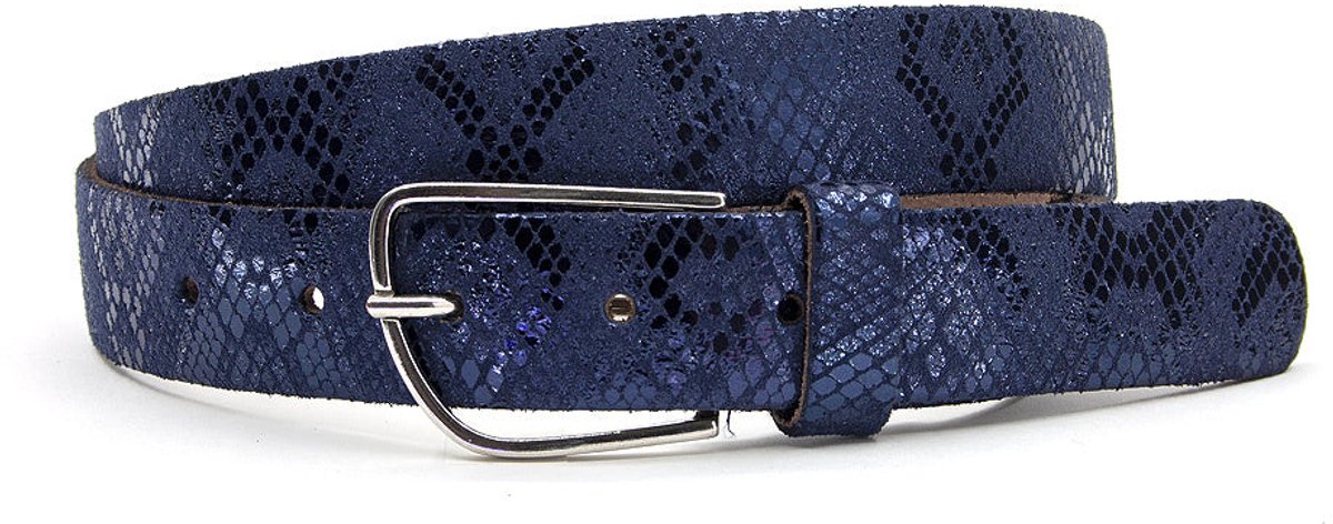 Blauwe dames riem met slangenprint - 3 cm breed - Leer - Jeans riem - Casual - Maat 85