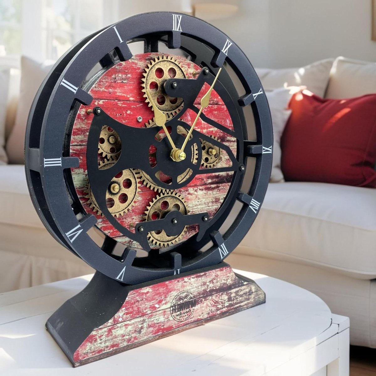 Gears Klok - Wandklok Bureauklok - Tijd Weergeven - Echt Bewegende Tandwielen - 29 cm - Rood Lava