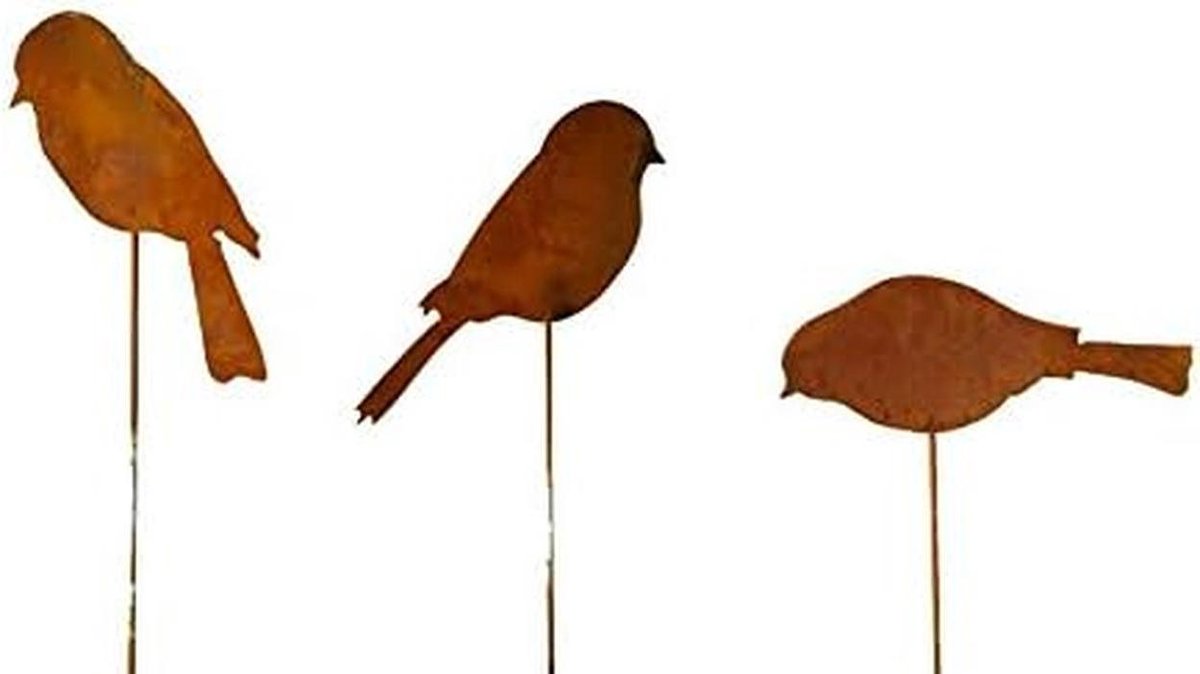 Tuinsteker Vogelfamilie - Roestdecoratie Tuinfiguur - Tuin Decoreren - Handgemaakt in Duitsland - Hoogte 13 cm - Roestbruin