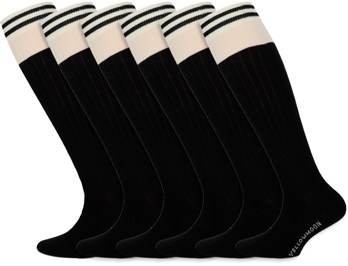 Meisjes sokken | Kniekousen met strepen | Merk: Yellow Moon | Kleur: Zwart | Maat: 19 t/m 42 | 6 Paar