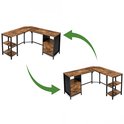 L-vormig hoekbureau met roodbruin houtlook blad, een lade en drie open vakken, met pijlen die de verwisselbare configuratie aangeven.
