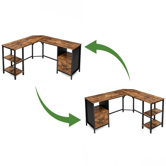 L-vormig hoekbureau met roodbruin houtlook blad, een lade en drie open vakken, met pijlen die de verwisselbare configuratie aangeven.